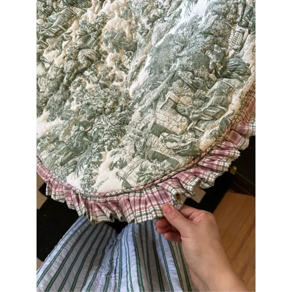 Custom French Country Chinoiserie Green Toile Quilted Comforter Coverlet Twin Si